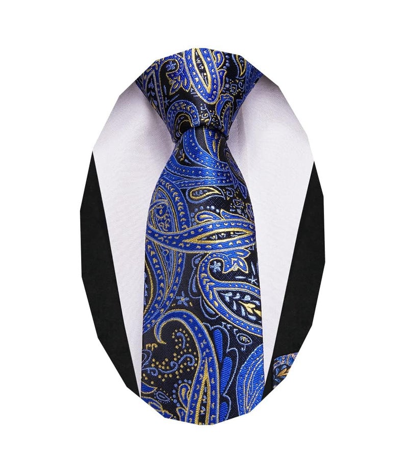 Dubulle Boys Blue Gold Paisley Necktie Self Tie Silk Paisely Kids Tie and Pocket Square Set for Age 8-11 Graduation School Uniform - Image 1